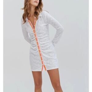 Pitusa Slub Knit Dress Button Down Cover Up Ruched Mini White Pink Size Medium